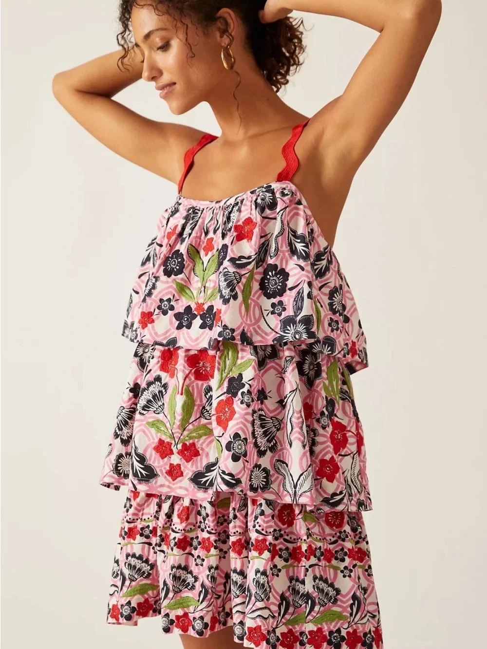 Maeve Pink Floral Tiered Mini Dress with Red Straps - Picture 4 of 6